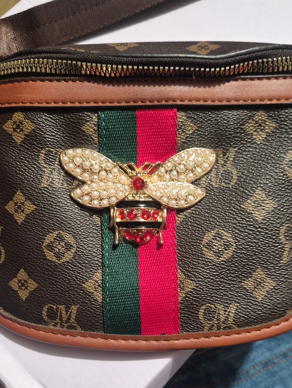 Brown Monogram Bee-Embellished Wristlet Clutch with Red & Green Stripe